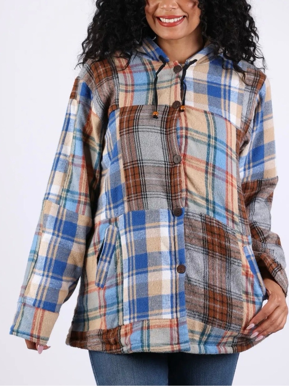 New nwt sacred threads Plaid Hooded Button-Front Jacket in Blue & Brown L/Xl